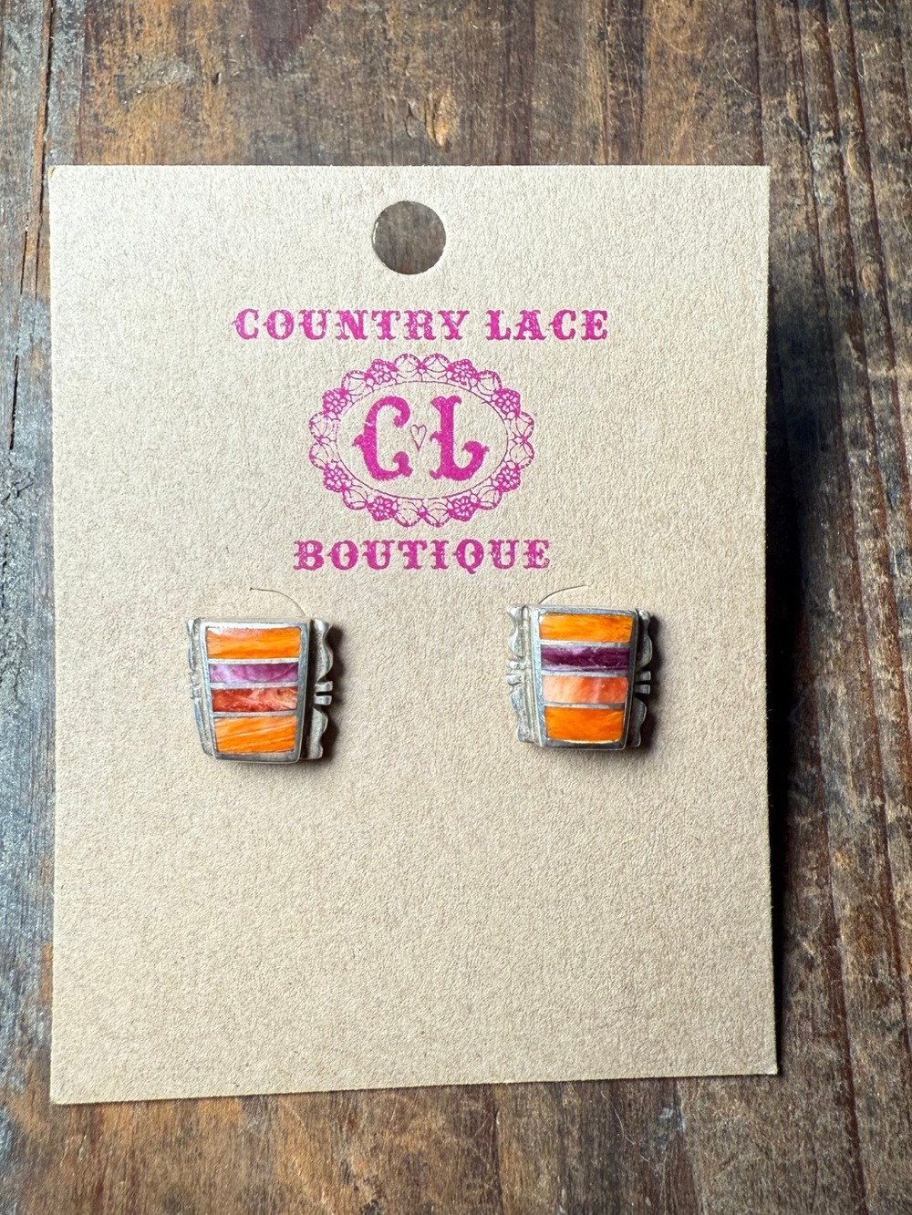 Orange & Pink Spiny Inlay Stud Earrings